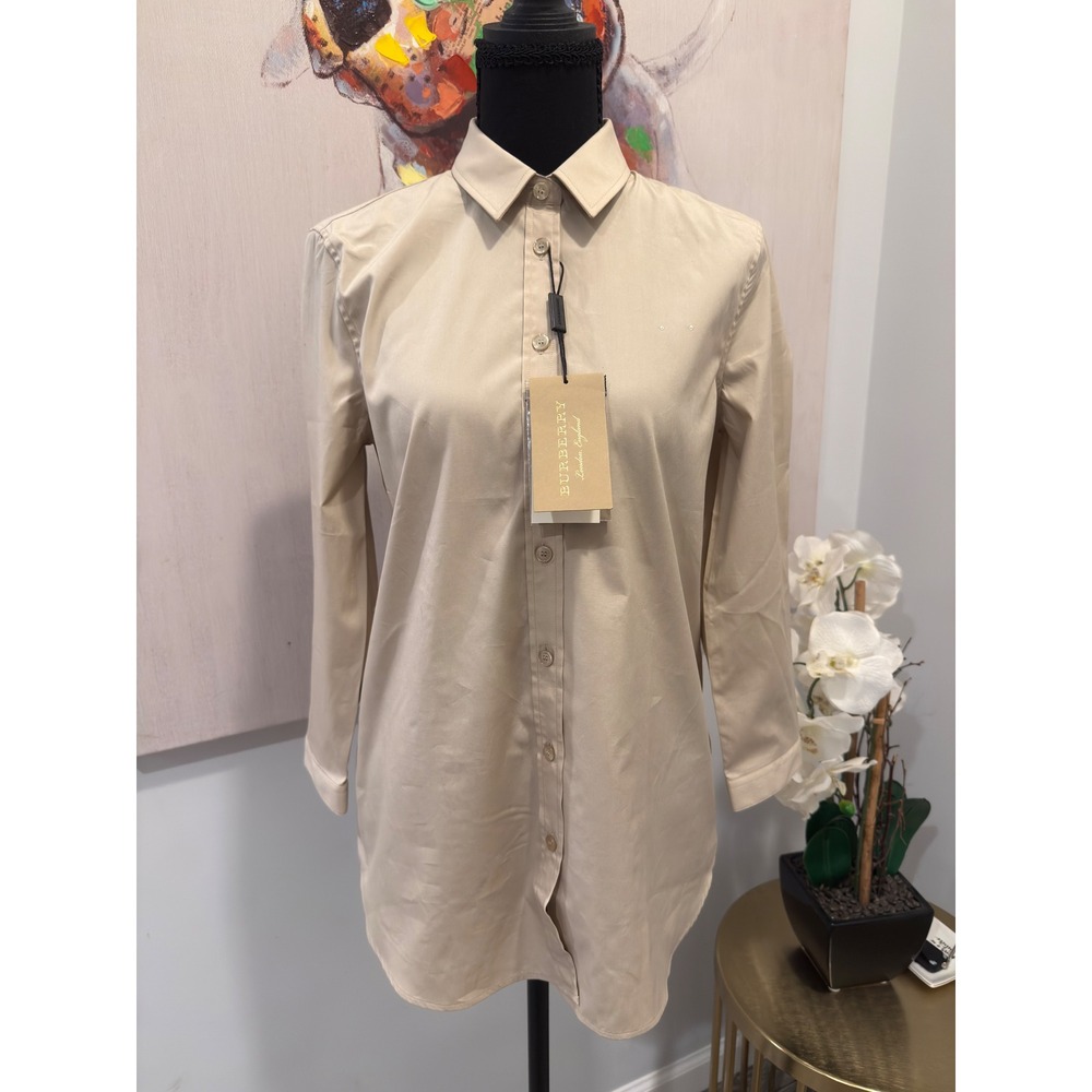 NWT Burberry Stretch Cotton Poplin Shirt - Stone Beige - Size 6